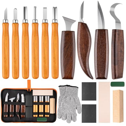 26 IN 1 Wood Carving Tools Kit for Beginners, Complete Woodworking Tools Set Including 4 Wood Knives and 6 Chisels, Wood Whittling Starter Kit for Woodworking DIY Hobby Projects