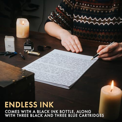 Wordsworth & Black Fountain Pen Set,18K Gilded Medium and Extra Fine Nib,25ML Black Ink Bottle,6 Ink Cartridges,Refill Converter,Gift Box,Smooth Writing Pens [Silver Gold],Gift Set for Men and Women - color: Silver Gold