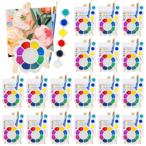 20 Set Acrylic Paint Canvas Set, 4 inches Mini Art Painting Supplies Kit with 6 Colors Acrylics Paint Table Wood Easel Canvas Panels Paint Brushes Palette for Beginner Artist Adults Birthday