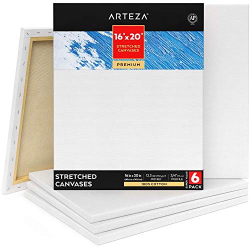 Arteza Stretched Canvases for Painting, Pack of 6, 16 x 20 Inches, Blank White Canvases, 100% Cotton, 12.3 oz Gesso-Primed, Art Supplies for Acrylic Pouring and Oil Painting - color: White - Premium, size: 16x20 Inch, 6 Pack