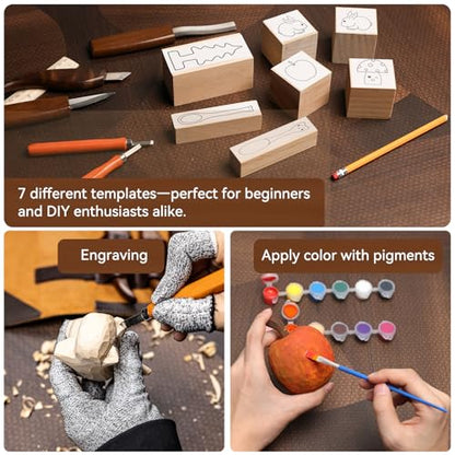 Wood Carving Kit, 68 PCS Complete Whittling Kit for Beginners Adults, 16 Wood Carving Knives, 8 Basswood Blocks, Leather Storage Bag, Gloves, Paints & Templates, DIY Carving Tools Gift Set
