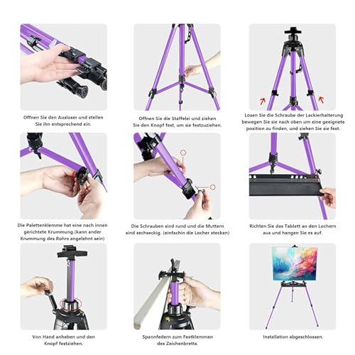 Easel for Painting, Portable & Foldable Easels Stand, Height-Adjustable 22'' to 62'', Equipped with Tray, Water Bucket Hook, Spirit Level, Compass & Carrying Bag for Art Display,Travel - Purple - style: Purple