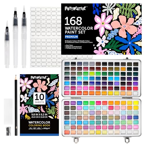 168 Colors Watercolor Paint Set - Vibrant Pigments in Portable Metal Case with 3 Brushes, Non-Toxic Travel-Friendly Painting Kit for Professional Artists/Students/Beginners - color: 168 colors