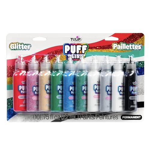 Tulip Glitter Puff Paint Pack, Permanent Multi-Surface Craft Paint for Drawing, Marbling, Hand Lettering or Dot Art Techniques, Use on Fabrics, Decor, Rock Painting, Egg Painting, Ornaments, 10 Colors - color: Glitter