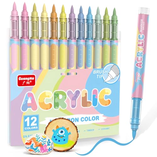 Guangna 12 Macaron Acrylic Paint Markers, Brush Tip Acrylic Paint Pens for Pumpkin Paint, Rock Painting, Wood, Glass, Paper, Coloring Book, Ceramic, Canvas, Water-Based Ink - color: Macaron B