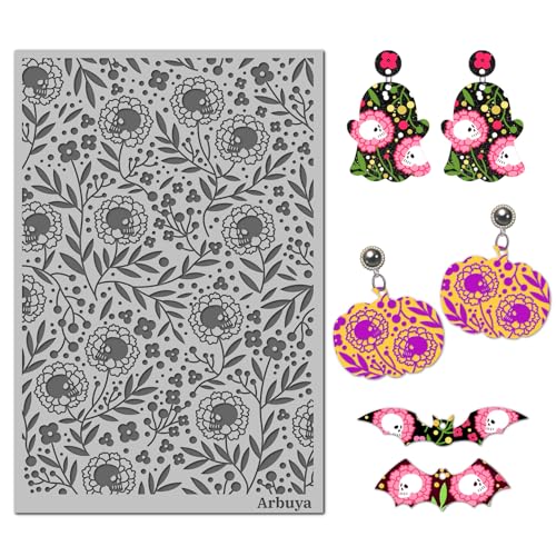 Polymer Clay Texture Mat - Halloween Floral Skull Texture Sheets for Polymer Clay Earrings or Jewelry Crafts Making - style: Skull and Flowers