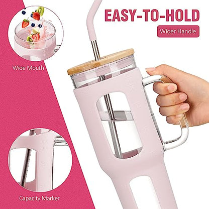 WINSA Glass Tumbler with Lid and Straw, 46 oz Iced Coffee Cup with Handle, Large Water Bottles with Silicone Sleeve, Glass Cup with Straws - Pearl Straw & Drinking Straw BPA Free-CottonPink - color: CottonPink, size: 46 Ounces