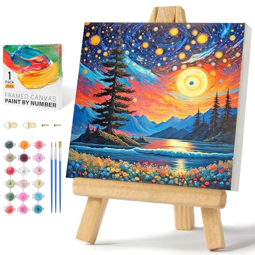 Framed Paint by Numbers Kit for Adults Beginners & Kids Ages 8-12, Starry Night Acrylic Easy Paint by Number with Frame, Watercolor Paint by Number Kits on Canvas Framed (10 * 10 Inch, without Easel) - color: BOP1PF21, size: 10 x 10 Inch
