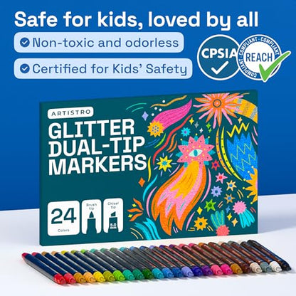 ARTISTRO 24 Sparkly Glitter Dual-Tip Paint Pens – Dazzling Markers with Acrylic Ink for Rock, Ceramic, Wood, Fabric, & More – Brush + Chisel Tips