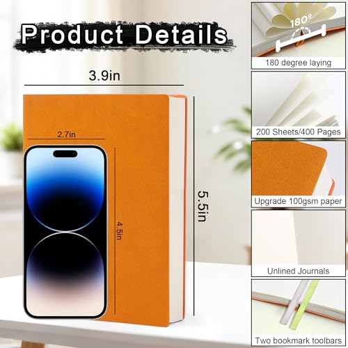 Thick Blank Journal Notebook 400 Pages, A6 Unlined Plain Sketchbook, 100gsm Thick Paper Hardcover Soft Leather Cover, No Lines Drawing Pad Memo Diary Writing Art Notepad ，3.9 × 5.5 - color: Orange-400 Page