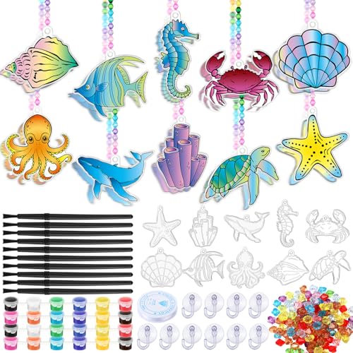 WinnerWhy 30 Sets Summer Ocean Beach Suncatchers Window Art DIY Kits Coastal Suncatcher Crafts Bulk Paint Your Own Window Hanging Ornaments for Home Party Activities Art Project - style: Ocean