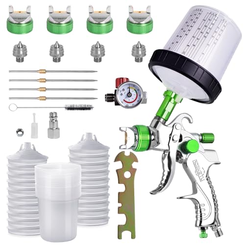 HVLP Spray Gun Kit with 4 Nozzles (1.4/1.7/2.0/2.5mm), Automotive Paint Spray Gun with 20 Disposable Paint Cups, 600ml Mixing Cup, Pressure Gauge, Professional Paint Gun for Car (Green) - color: Green