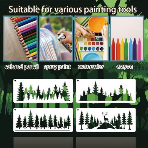10 Sheets Forest Silhouette Stencils for Painting, 10 Styles Tree Mountain Deer Drawing Template Reusable Art Templates for Painting on Canvas Wood Wall Home Decor - style: Forest Silhouette