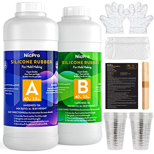 Nicpro 80oz Silicone Mold Making Kit, 15A Platinum Liquid Silicones Rubber, Flexible Silicone Molds Maker Mix Ratio 1:1 for Casting 3D Resins Candle Soap Molds DIY with Gloves, Sticks, Mixing Cups - size: 80oz