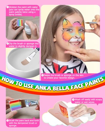 Anka Bella Professional Face Painting Kit for Kids Adults,Water Activated Split Cake Face Paint(12x10gm),Non-Toxic Face Paint Palette for Birthday Parties/Halloween/Carnival - color: Macaron Rainbow Cake
