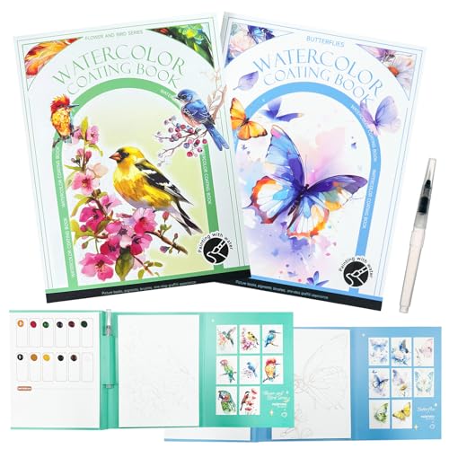 Mulyric 2-Pack Watercolor Painting Books for Adults & Beginners - All-in-One Creative Stress Relief Art Kit with 3-Fold Pad, 32 Pre-Printed Pages, 24 Colors & 2 Brushes for Relaxation & Art Therapy - color: Bird + Butterfly