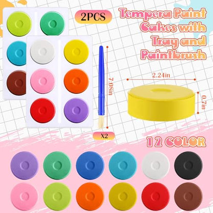 Nuanchu 1 set 12 Pcs Tempera Paint Cakes with Tray 12 Colors 2.24 x 0.71 Inch Painting Cakes with Paintbrush Paints Blocks Art Supplies for Art sessions Drawing Artists Beginners