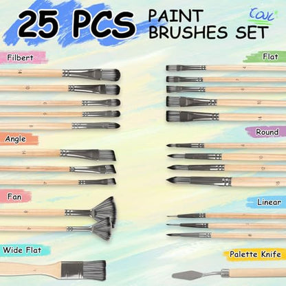Paint Brushes Set of 25 Pcs with Scraper and Flat Brush, Wooden Handle Artist Painting Kit for Acrylic, Oil, Watercolor, Gouache, Include Canvas Cloth Bag (Wood) - color: Wood