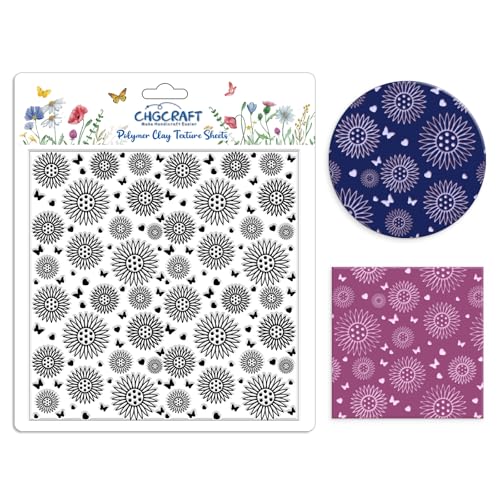 CHGCRAFT Sunflowers Polymer Clay Texture Sheets Butterfly Silicone Texture Stamp Love Heart Clay Texture Mat Modeling Pattern Pad Texture Sheets for Jewelry and Clay Earrings Tools, 5.5x5.5 inch - style: Butterfly and Sunflower