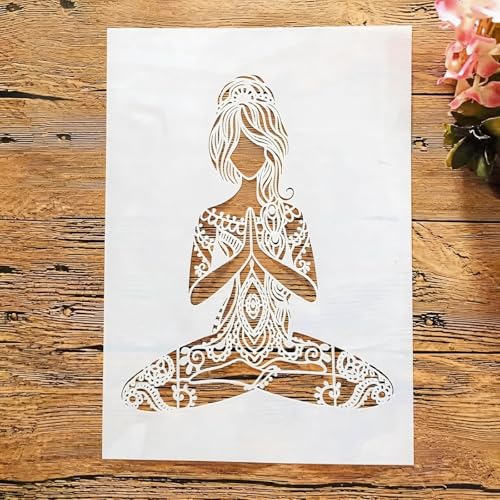 TIAMECH A4 Reusable Yoga Girl Stencil for Painting | Mandala Praying Girl Layering Template, DIY Wall Art, Wood Furniture, Scrapbook & Crafts (8.3x11.7inch) - style: Yoga Girl