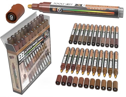 TOOLI-ART 22 Acrylic Paint Markers Paint Pens Pro Color Series Set 3mm Medium Tip for Rock Painting, Glass, Mugs, Wood, Metal, Glass Paint, Canvas, DIY. Non Toxic, Waterbased, Quick Drying (BROWN) - color: BROWN