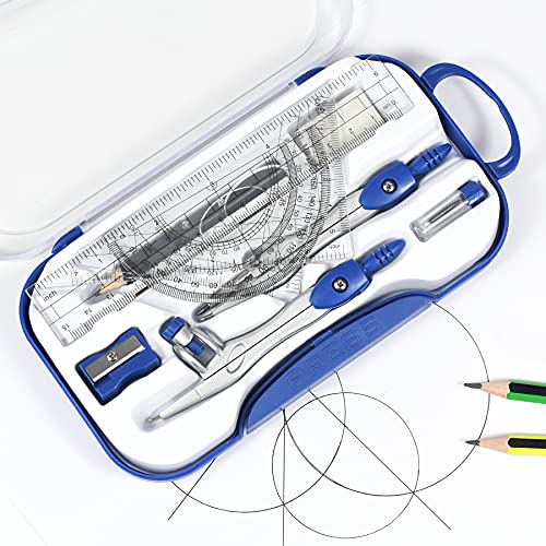 Unjoo Math Geometry Kit Sets 10 Piece Student Supplies with Shatterproof Storage Box,Includes Rulers,Protractor,Compass,Eraser,Pencil Sharpener,Lead Refills,Pencil,for Drafting and Drawings（Navy blue） - color: Navy Blue