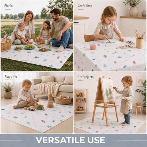 51” Baby Splat Mat for Under High Chair/Arts/Crafts, WOMUMON Washable Waterproof Anti-Slip Floor Splash Mat, Portable Wipeable Spill Mat and Table Cloth - color: Wonderful Dino