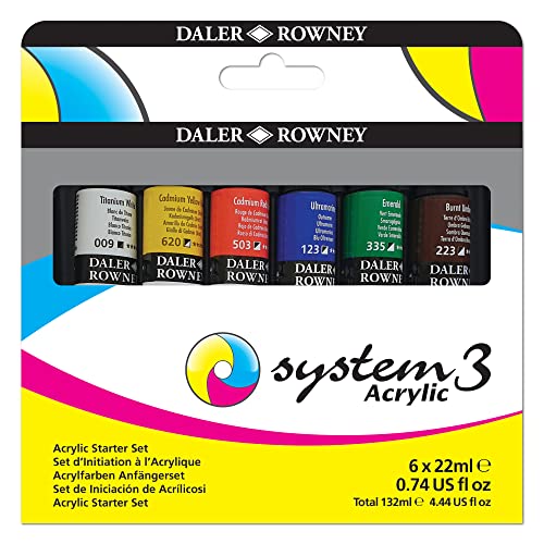 Daler Rowney System3 6-Tube Acrylic Paint Set for Adults - Acrylic Painting Supplies for Artists and Students - Acrylic Paints for Murals Canvas and More - Art Paints for Any Skill Set - style: 6 Pack Starter, Medium Body