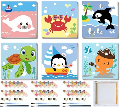 MXCFZX 6 Pack Framed Paint by Numbers Kit for Kids,Cute Sea Animals Painting Kits for Ages 4-6-12,Easy Paint by Number Kids Paint for Beginner,DIY Acrylic Oil Painting Kit for Wall Decor(8X8inch) - color: 6 pack With Framed Paint by Numbers 01, size: 8''x