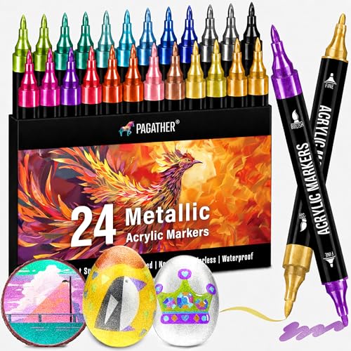 Pagather 24 Metallic Colors Acrylic Paint Markers, Dual Tip with Fine Tip and Brush Tip Pens for Fabric, Stone, Wood, Canvas, Ceramic, Metal, Glass, Rock Painting, DIY Crafts - color: 24 Metallic Colors
