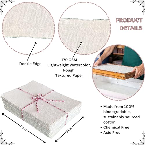 Bitskit 170 GSM Handmade Cotton Deckle Edge Paper – Lightweight, Textured Sheets for Invitations, Stationery, Journals, and Art Projects (Pack of 50) (5 x 7 inch) - size: 5 x 7 inch