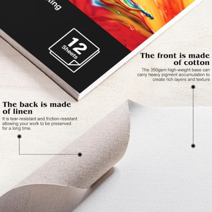 12 Sheets Canvas Paper Pad 12”x16”, 350 GSM Canvas Sheets Glue Bound Canvas Sketchbook for Adults and Students - Acrylic Painting, Oil Painting - size: 12”x16”