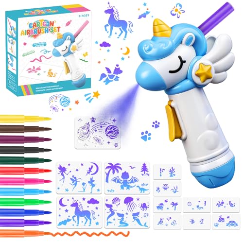 nicknack 25PCS Marker Airbrush Spray Art Kit Toys for Kids with 12 Washable Color Markers & 13 Stencils, DIY Arts & Crafts Set, Creative Gift for Boys & Girls Ages 6-8 3+, Electric Blow Pen Set