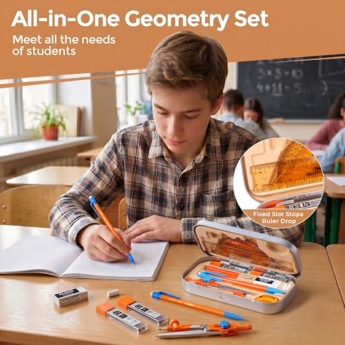 Nicpro 17 PCS Compass Geometry Set for Students, Drafting Tools Math Protractor Compass with Rulers, Mechanical Pencil, Square Set, Box of Protractors Kit for Class Supplies, Back to School Supplies