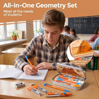 Nicpro 17 PCS Compass Geometry Set for Students, Drafting Tools Math Protractor Compass with Rulers, Mechanical Pencil, Square Set, Box of Protractors Kit for Class Supplies, Back to School Supplies