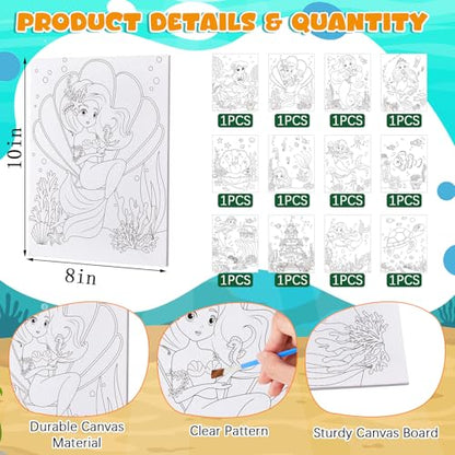 Ireer 12 Set Paint Party Set 8 x 10 Sip and Paint Kit Include 12 Printed Pre Drawn Canvas Panel, Wooden Easels, Palettes, Pots, Apron 36 Brushes for Adult Art DIY Party(Mermaid) - style: Mermaid