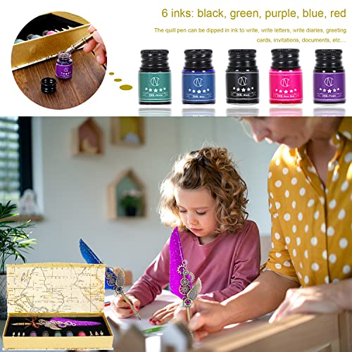 NC Quill Pen Set, Feather Pen With 5 Ink Bottles and 6 Replaceable Nibs, 1 Mechanical Quill, Calligraphy Pen for Writing, Letters, Diary, Signing, Invitation (Purple) - color: Purple