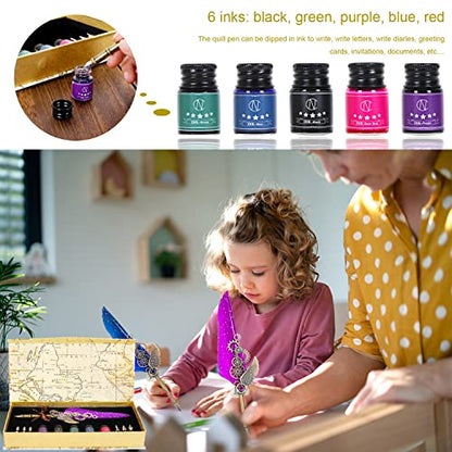 NC Quill Pen Set, Feather Pen With 5 Ink Bottles and 6 Replaceable Nibs, 1 Mechanical Quill, Calligraphy Pen for Writing, Letters, Diary, Signing, Invitation (Purple) - color: Purple