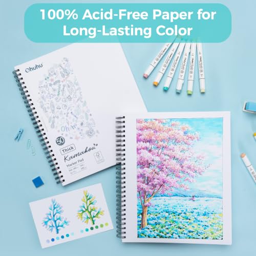 Ohuhu Double-Sided Marker Pad Sketchbook Bleedproof - 11"x14" Large Paper Size - 160 LB/280 GSM Heavyweight Smooth Drawing Paper - 50 Sheets/100 Pages - Spiral-Bound Sketch Book for Alcohol Markers - size: 11" x 14"