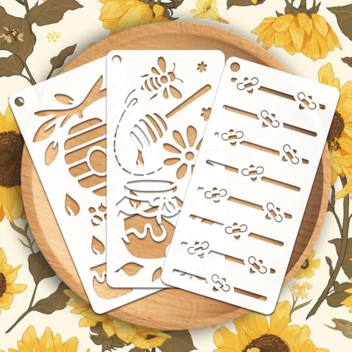12 Sheets Bee Theam Stencils for Painting, 12 Styles Bees Beehive Honey Pot Flower Drawing Template Plastic Art Templates for Painting on Wall Wood Home Decor - style: Bee Theam
