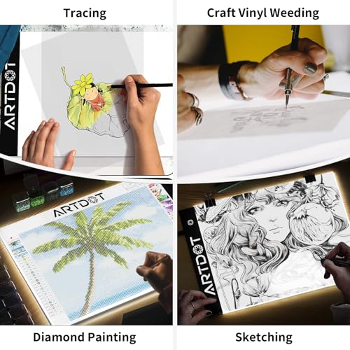 ARTDOT A4 LED Light Pad for Diamond Painting Kits for Adults, USB Powered Adjustable Brightness Diamond Art Light Board with Accessories - size: A4