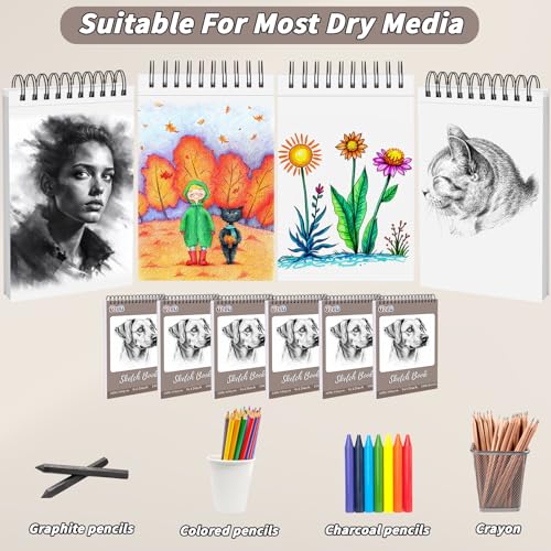 6 Pcs Sketchbook Bulk 9 x 12 In 600 Sheets Top Spiral Bound Sketch Pad Drawing Paper 100 Sheets Each Acid Free Mixed Media Sketch Book 68lb/100gsm Art Supplies for Beginner Artist - size: 9x12in, style: Total 600 sheets-6pcs