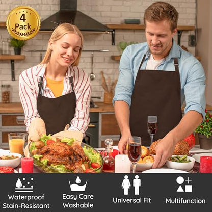 4 Packs Chef Apron, Waterproof Apron, Adjustable Aprons with 2 Pockets for Men Women, Professional Aprons for Kitchen Cooking Gardening Painting Baking Restaurant (Coffee) - color: Coffee
