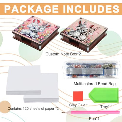 JISHSHAY 2 PCS Diamond Art Note Box Rabbit Diamond Painting Note Pad Holder Animal Gem Painting Gem Art Memo Boxes Mosaic Kits for Adults Embroidery Kit Memo Pad Holder, Contains 120 Sheets of Paper - color: Rabbit