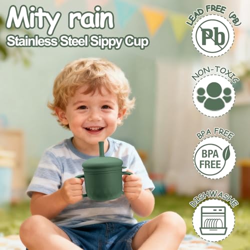 Mity rain Stainless Steel Sippy Cups for Toddlers1-3, Baby Straw Cups for 6+Month Old with Travel Lid, Silicone StrawReplacement Straw & Cleaning Brush-8oz Toddler Cups Spill Proof - color: olive drab