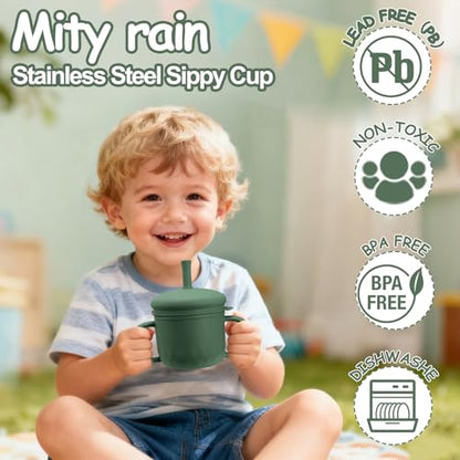 Mity rain Stainless Steel Sippy Cups for Toddlers1-3, Baby Straw Cups for 6+Month Old with Travel Lid, Silicone StrawReplacement Straw & Cleaning Brush-8oz Toddler Cups Spill Proof - color: olive drab