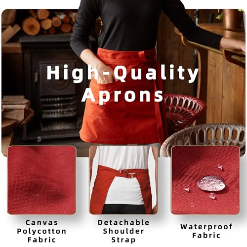 Unisex Waist Apron with Pockets Waiter Bar Half Bistro Apron 4251BY - color: Rust Red, size: 1 Pack
