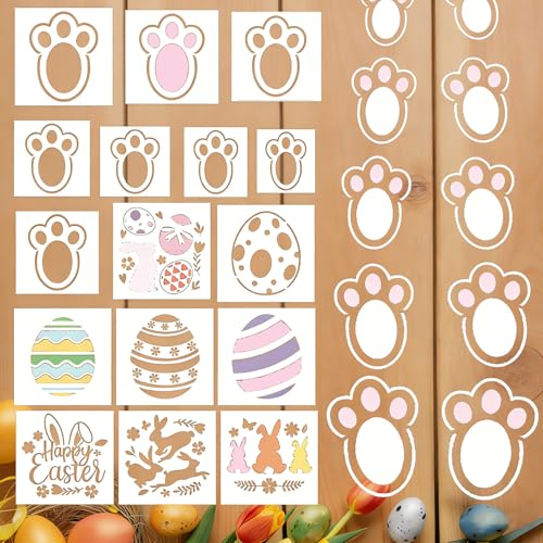 JarThenaAMCS 16Pcs Easter Stencils Assorted Template Stencils Reusable Bunny Footprint Easter Egg Rabbit Paw Plastic Drawing Painting Template for DIY Art Craft Painting on Wood - style: Easter