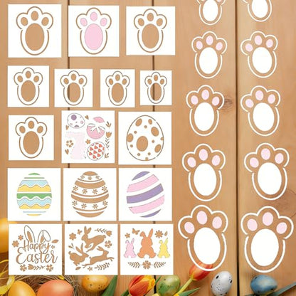 JarThenaAMCS 16Pcs Easter Stencils Assorted Template Stencils Reusable Bunny Footprint Easter Egg Rabbit Paw Plastic Drawing Painting Template for DIY Art Craft Painting on Wood - style: Easter