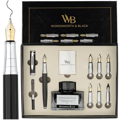 Wordsworth & Black Calligraphy Pen Gift Set, Includes Bottle, 6 Cartridges, Refill Converter, 6 Replacement Nibs, Premium Package, Journaling, Smooth Writing Pens [Black Chrome] - color: Black Chrome